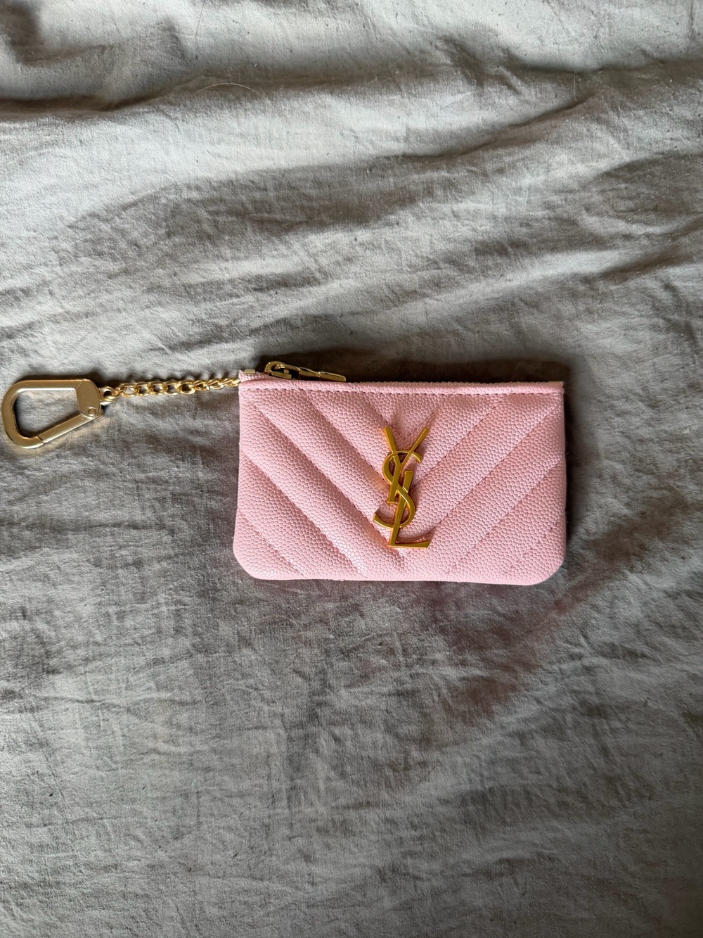 Saint Laurent pink quilted card pouch with gold YSL charm and chain!